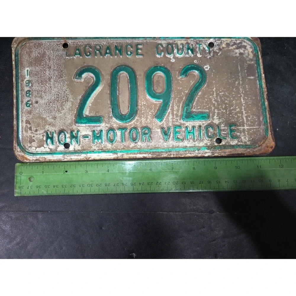 Lagrange County Indiana Vintage 1986 Non-Motor Vehicle License Plate 2092 Rust